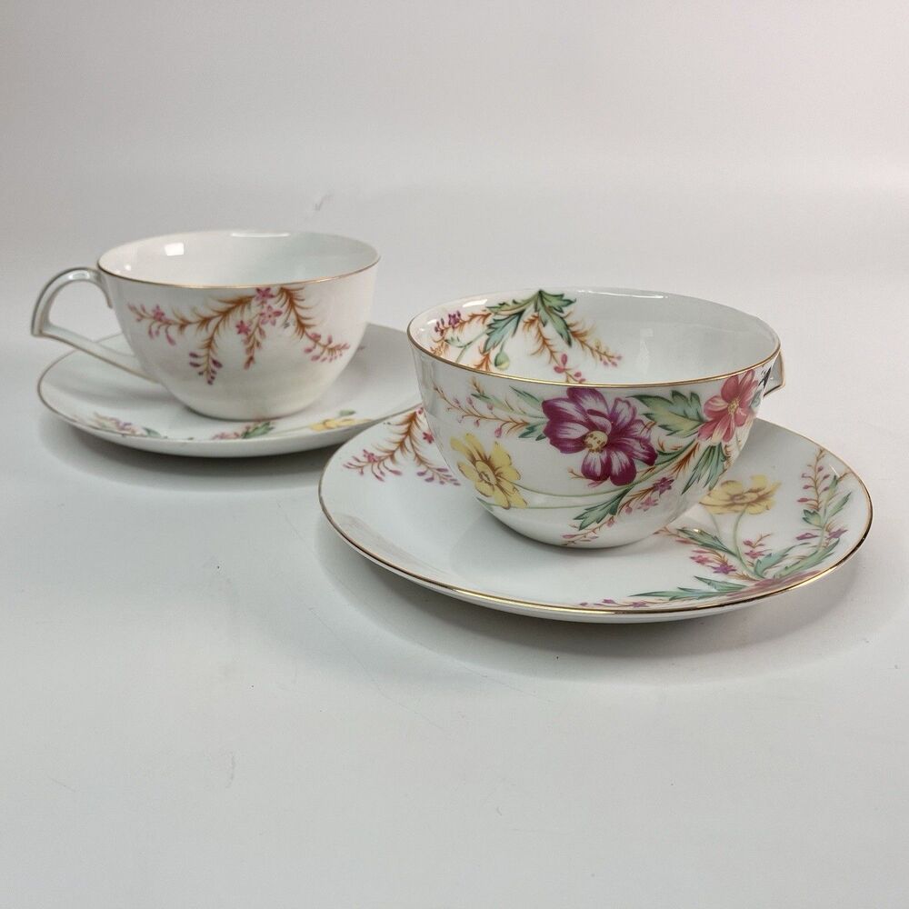 Vtg Kent Springfield Cup Saucer 2 Sets Floral Grannycore Gold Trim 5 3/4" Floral